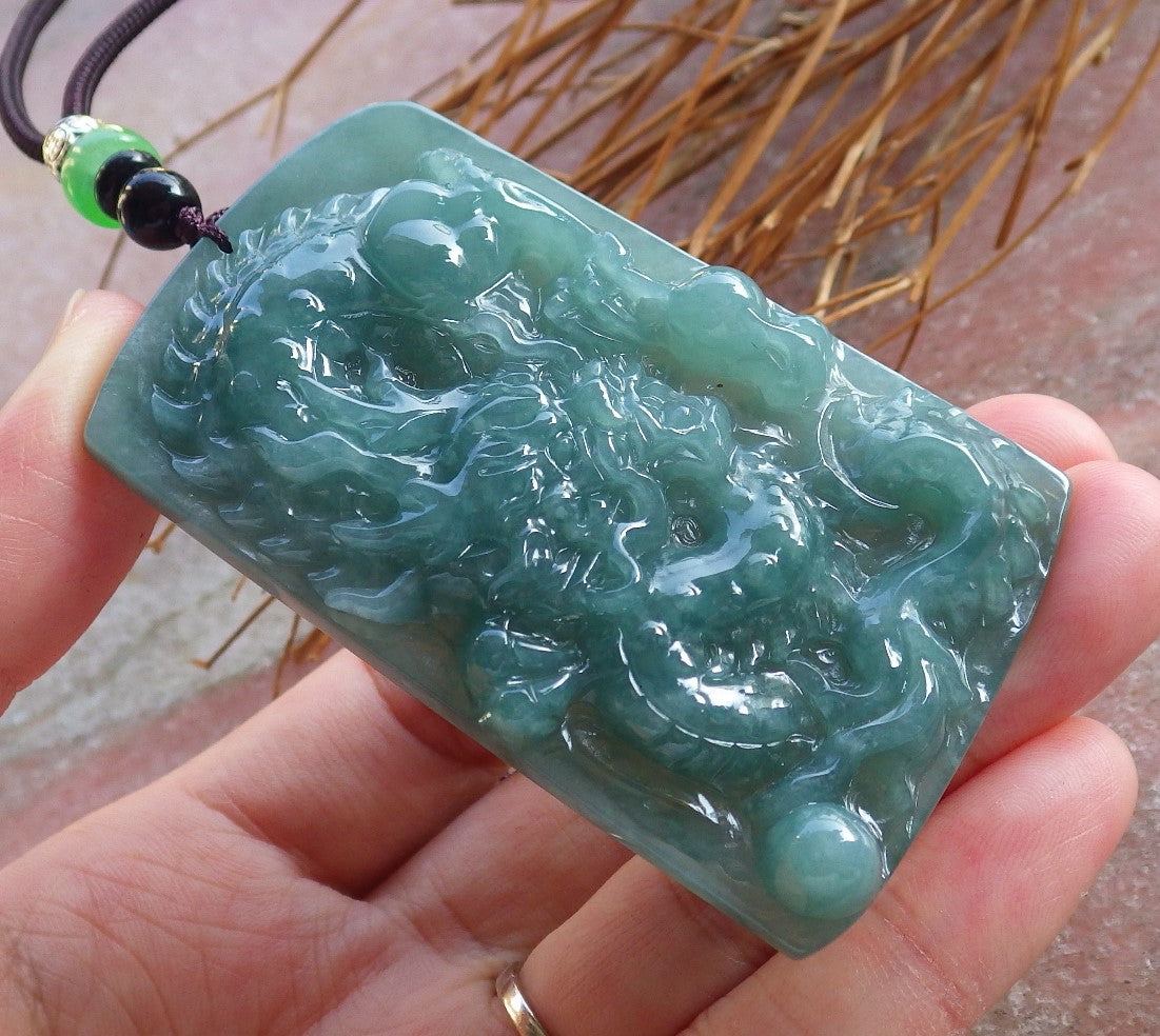 Certified Hand Carved Icy Green Natural Myanmar Burma A Jade jadeite Dragon Bead Ruyi Pendant Necklace