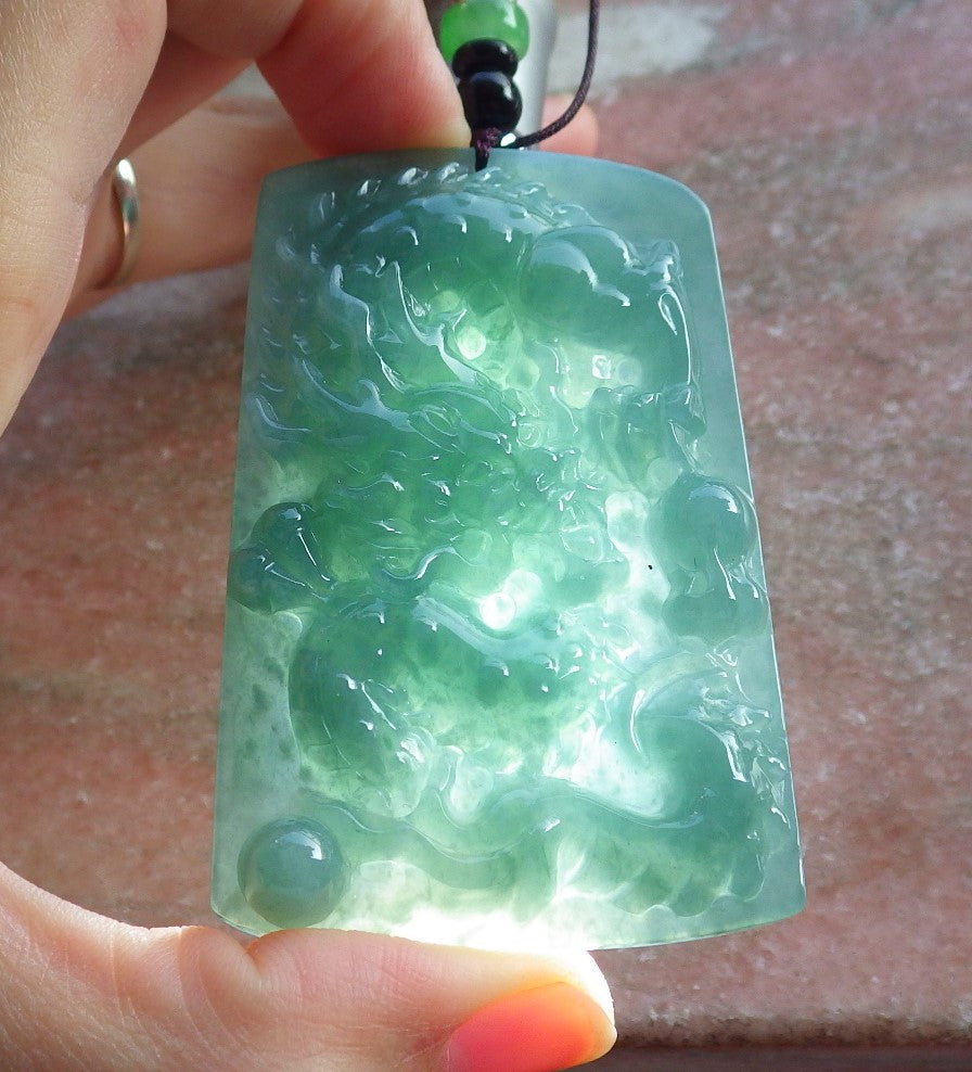 Certified Hand Carved Icy Green Natural Myanmar Burma A Jade jadeite Dragon Bead Ruyi Pendant Necklace