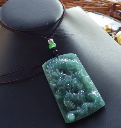 Certified Hand Carved Icy Green Natural Myanmar Burma A Jade jadeite Dragon Bead Ruyi Pendant Necklace