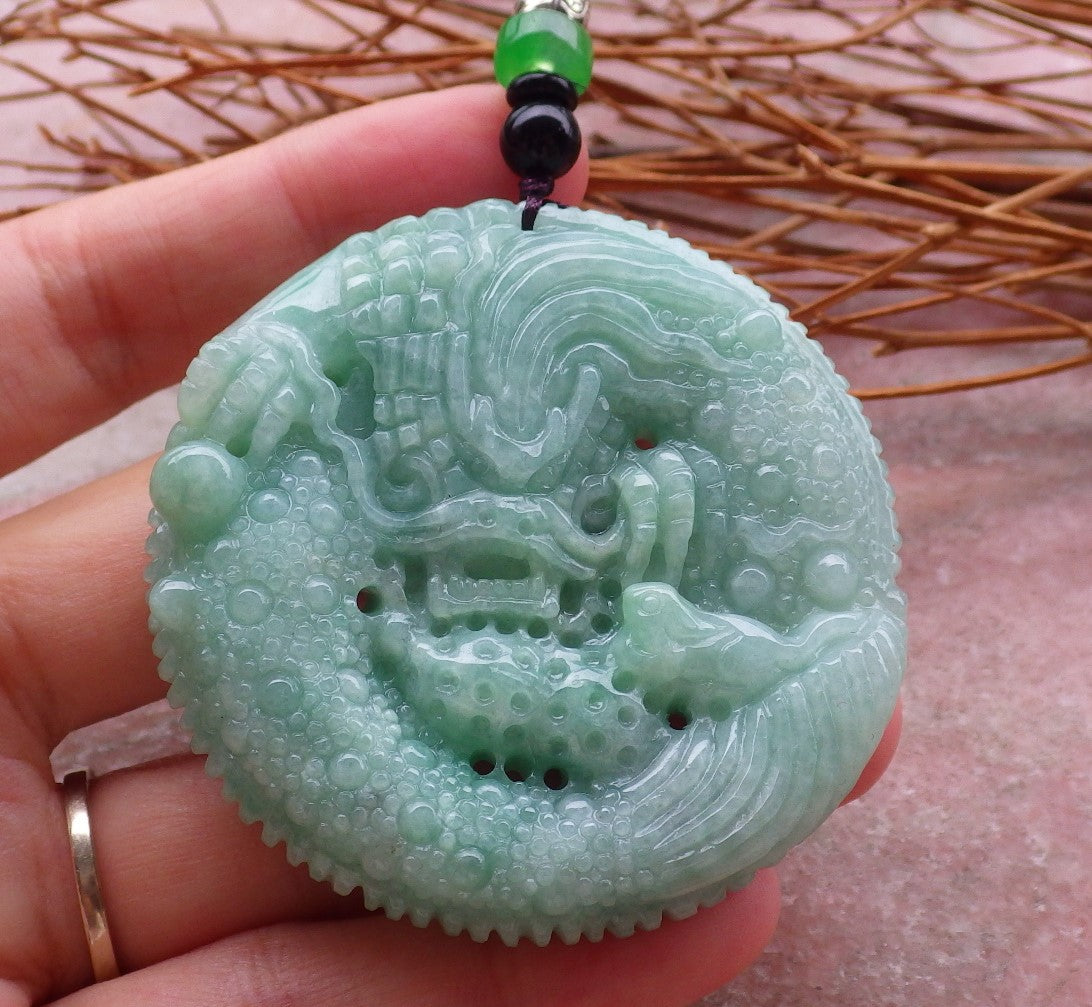 Certified Hand Carved Green Lavender Natural Myanmar Burma A Jade jadeite Dragon Phoenix Lotus Ruyi Pendant Necklace