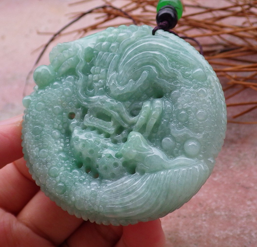 Certified Hand Carved Green Lavender Natural Myanmar Burma A Jade jadeite Dragon Phoenix Lotus Ruyi Pendant Necklace