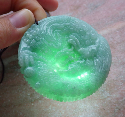 Certified Hand Carved Green Lavender Natural Myanmar Burma A Jade jadeite Dragon Phoenix Lotus Ruyi Pendant Necklace