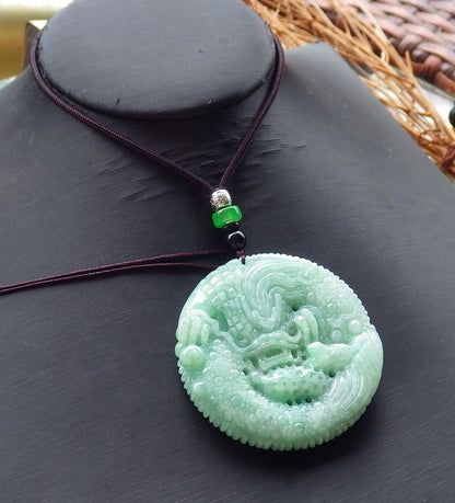 Certified Hand Carved Green Lavender Natural Myanmar Burma A Jade jadeite Dragon Phoenix Lotus Ruyi Pendant Necklace