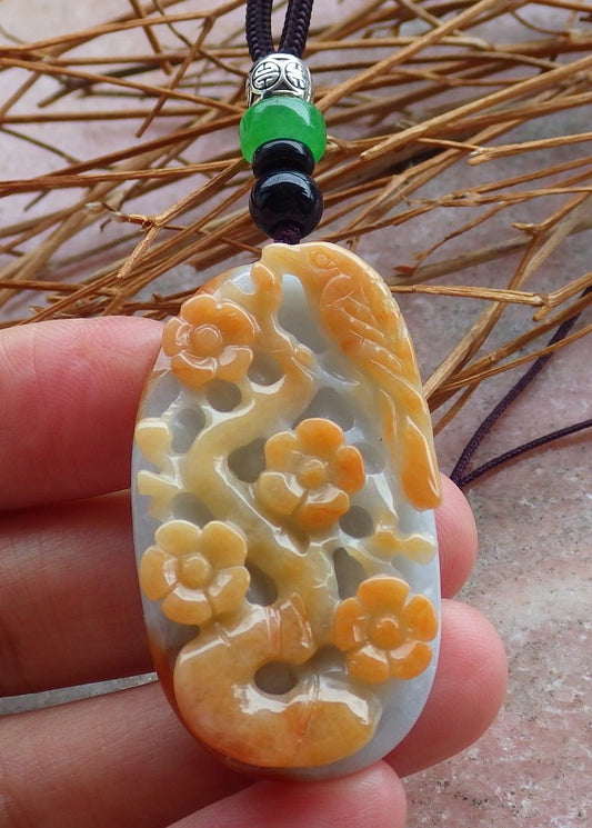 Certified Hand Carved Green Yellow Natural Myanmar Burma A Jade Jadeite Rose Ruyi Flower Pendant Necklace