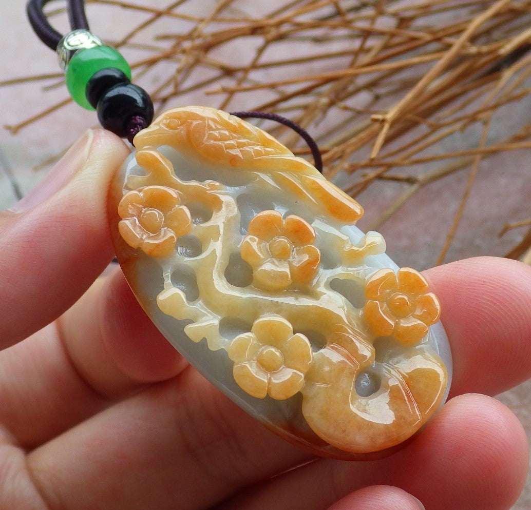 Certified Hand Carved Green Yellow Natural Myanmar Burma A Jade Jadeite Rose Ruyi Flower Pendant Necklace