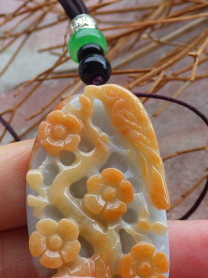 Certified Hand Carved Green Yellow Natural Myanmar Burma A Jade Jadeite Rose Ruyi Flower Pendant Necklace