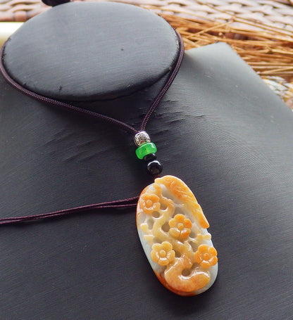 Certified Hand Carved Green Yellow Natural Myanmar Burma A Jade Jadeite Rose Ruyi Flower Pendant Necklace