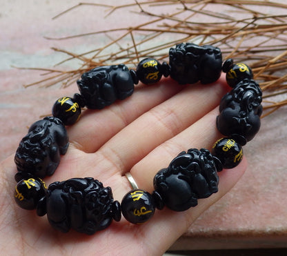 Certified Hand Carved Natural Black Dark Green Myanmar Burma A JADE Jadeite Bead Beads Dragon Pi Xiu Bangle Bracelet