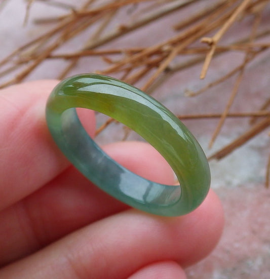 Certified Hand Carved Icy Green Yellow Natural Myanmar Burma A Jade jadeite Circle US 8 Ring