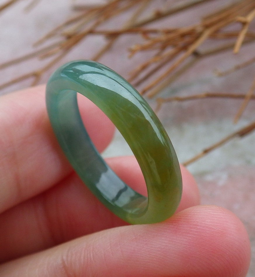 Certified Hand Carved Icy Green Yellow Natural Myanmar Burma A Jade jadeite Circle US 8 Ring