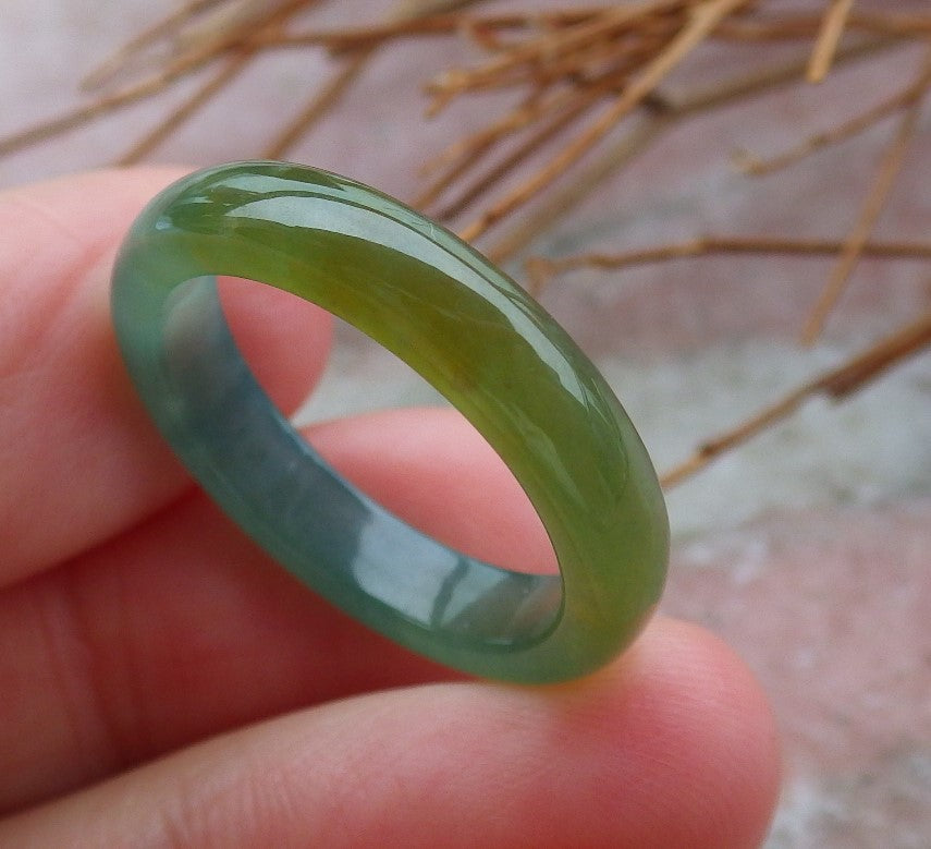 Certified Hand Carved Icy Green Yellow Natural Myanmar Burma A Jade jadeite Circle US 8 Ring