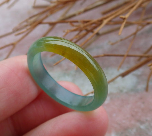 Certified Hand Carved Icy Green Yellow Natural Myanmar Burma A Jade jadeite Circle US 9 Ring