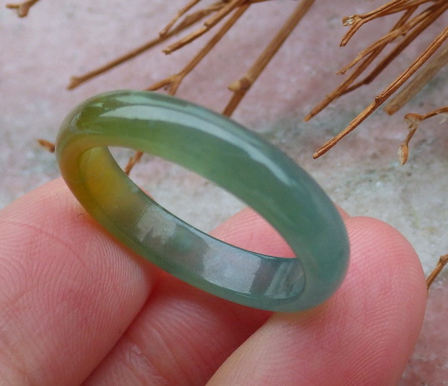 Certified Hand Carved Icy Green Yellow Natural Myanmar Burma A Jade jadeite Circle US 9 Ring