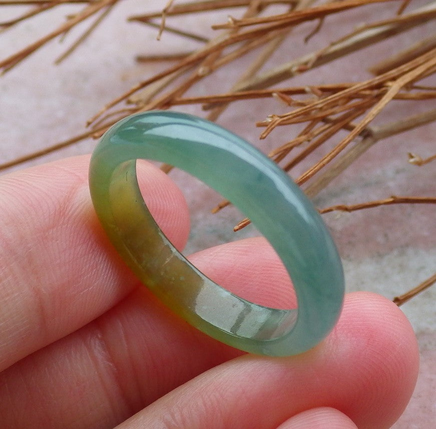 Certified Hand Carved Icy Green Yellow Natural Myanmar Burma A Jade jadeite Circle US 9 Ring