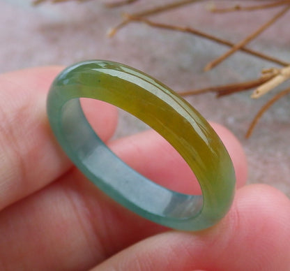 Certified Hand Carved Icy Green Yellow Natural Myanmar Burma A Jade jadeite Circle US 9 Ring