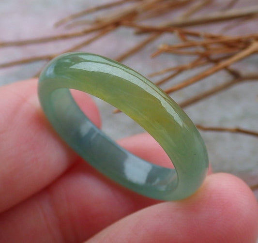 Certified Hand Carved Icy Green Yellow Natural Myanmar Burma A Jade jadeite Circle US 8 Ring