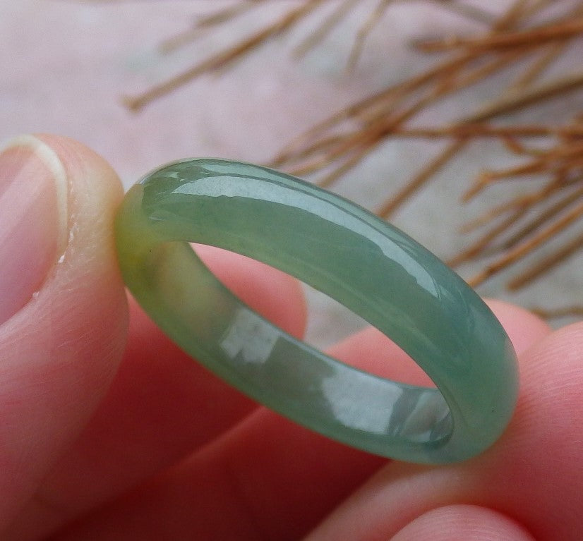 Certified Hand Carved Icy Green Yellow Natural Myanmar Burma A Jade jadeite Circle US 8 Ring