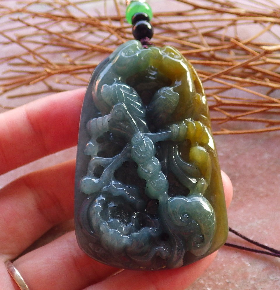 Certified Hand Carved Green Natural Myanmar Burma A Jade Jadeite Phoenix Mandarin Duck Phoenix Ruyi Peach Blossom Lotus Pendant Necklace