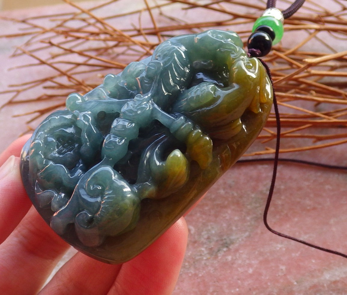 3 pcs Certified Hand Carved Green Natural A Jade Jadeite Pendant Necklace