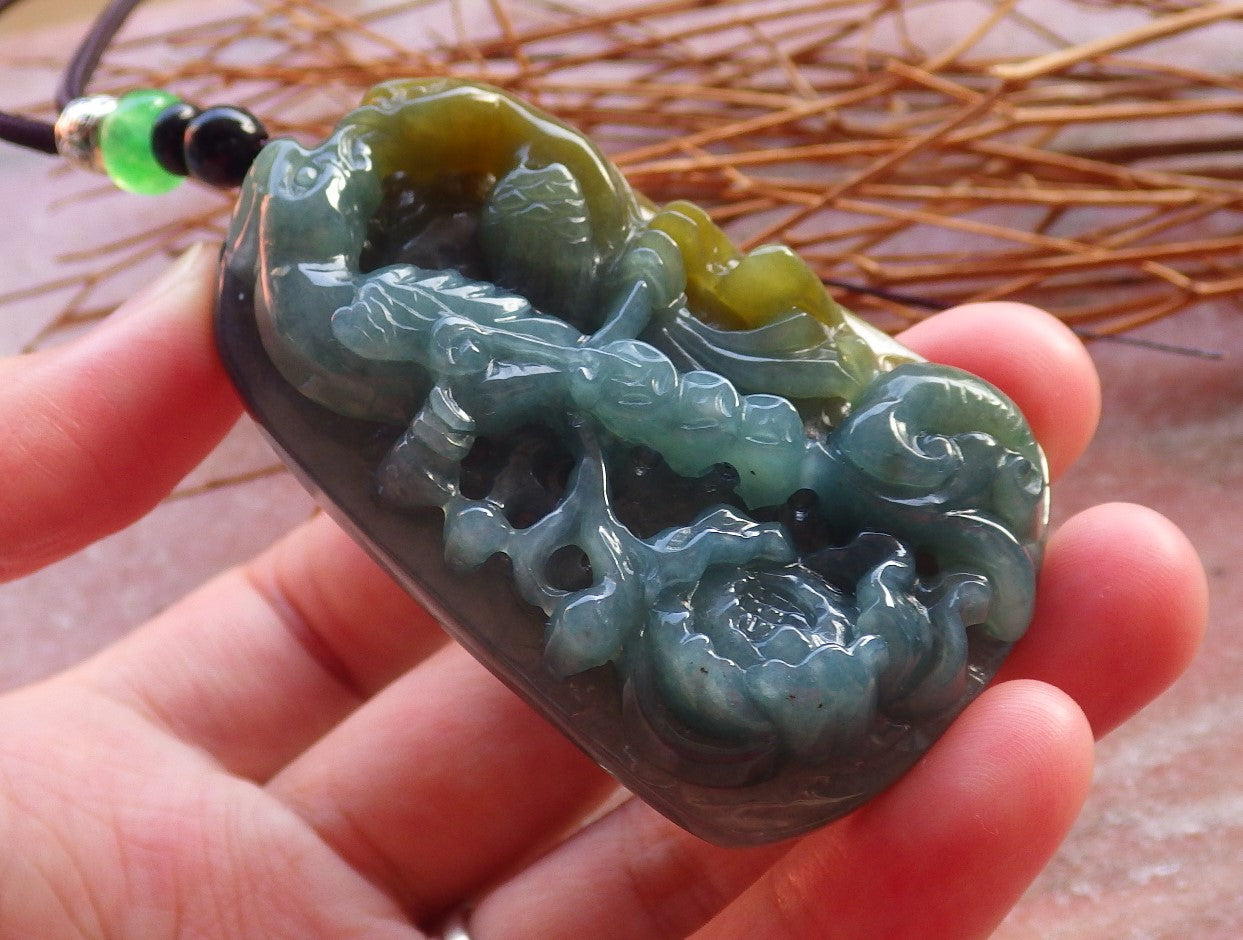 Certified Hand Carved Green Natural Myanmar Burma A Jade Jadeite Phoenix Mandarin Duck Phoenix Ruyi Peach Blossom Lotus Pendant Necklace