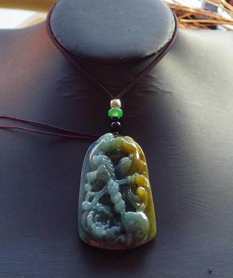 Certified Hand Carved Green Natural Myanmar Burma A Jade Jadeite Phoenix Mandarin Duck Phoenix Ruyi Peach Blossom Lotus Pendant Necklace