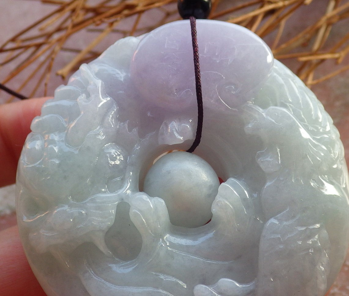 Certified Hand Carved Natural Myanmar Burma A Jade jadeite Dragon Phoenix Circle Pendant Necklace