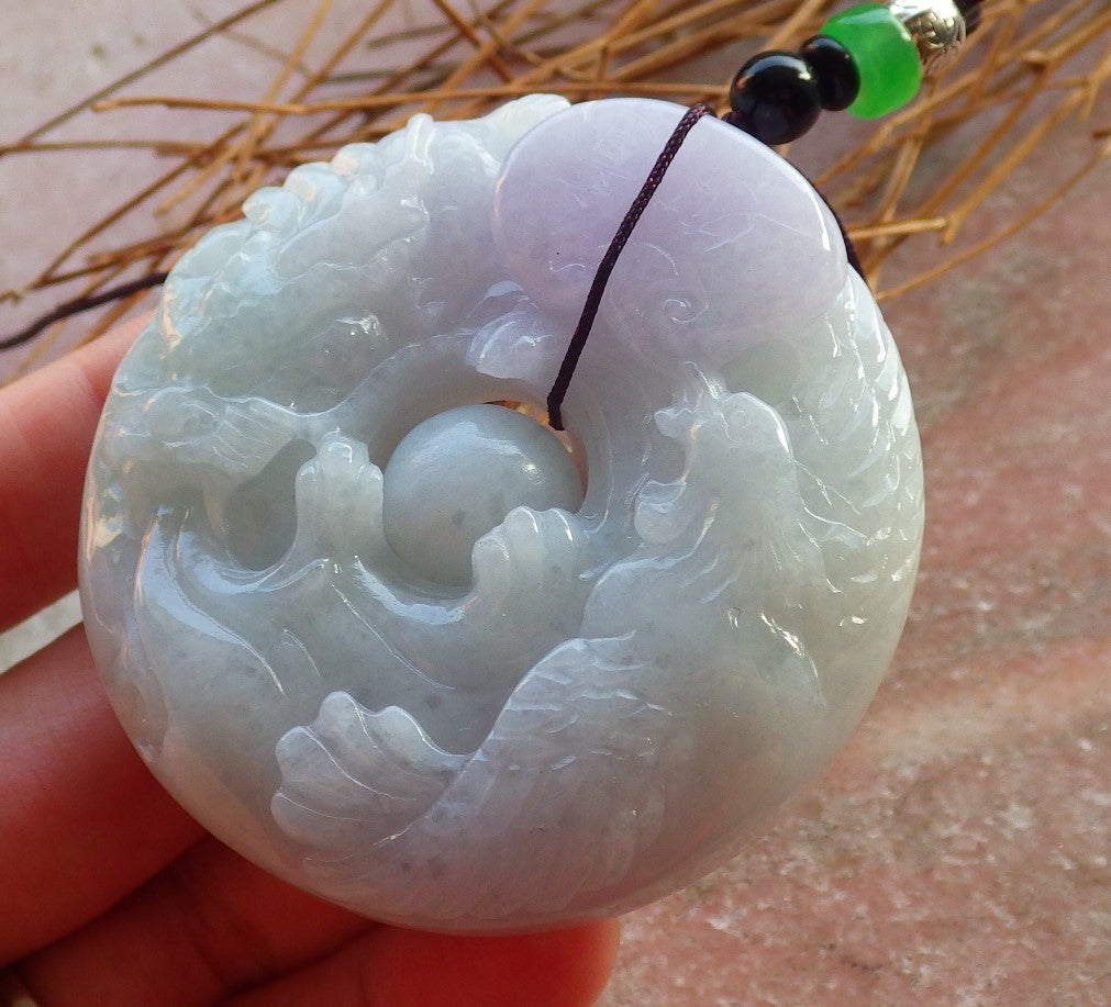 Certified Hand Carved Natural Myanmar Burma A Jade jadeite Dragon Phoenix Circle Pendant Necklace