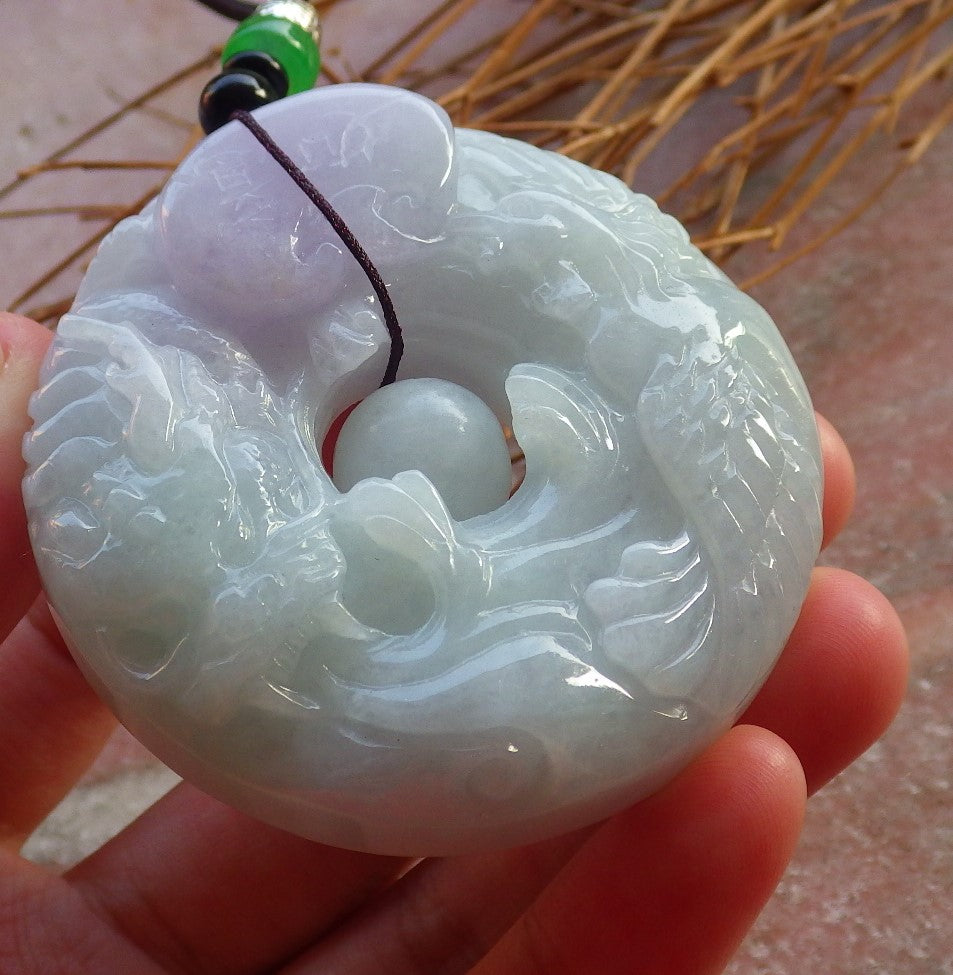 Certified Hand Carved Natural Myanmar Burma A Jade jadeite Dragon Phoenix Circle Pendant Necklace