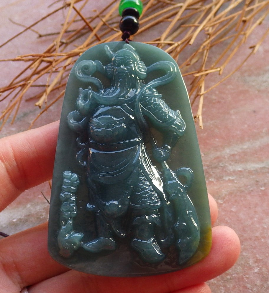 Certified Hand Carved Green Natural Myanmar Burma A Jade jadeite Guan Gong God Sword Pendant Necklace