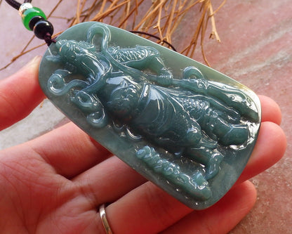 Certified Hand Carved Green Natural Myanmar Burma A Jade jadeite Guan Gong God Sword Pendant Necklace