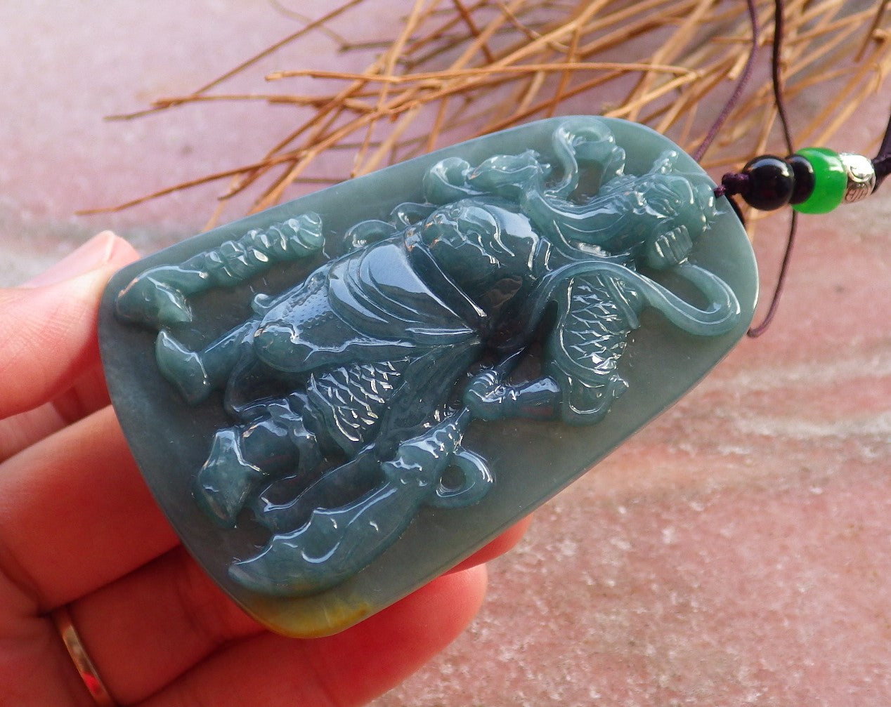 Certified Hand Carved Green Natural Myanmar Burma A Jade jadeite Guan Gong God Sword Pendant Necklace