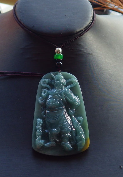 Certified Hand Carved Green Natural Myanmar Burma A Jade jadeite Guan Gong God Sword Pendant Necklace