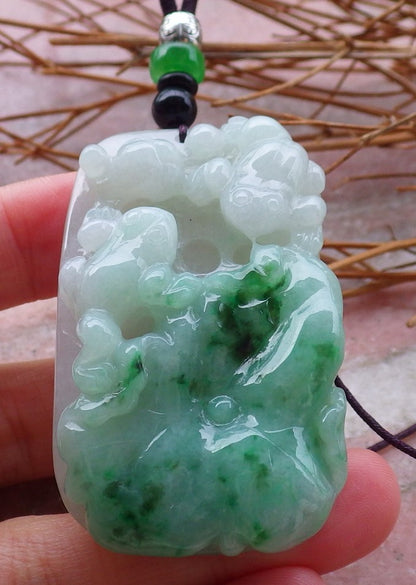 Certified Hand Carved Natural Green Myanmar Burma A Jade jadeite Frog Toad Lotus Leaf Pendant Necklace