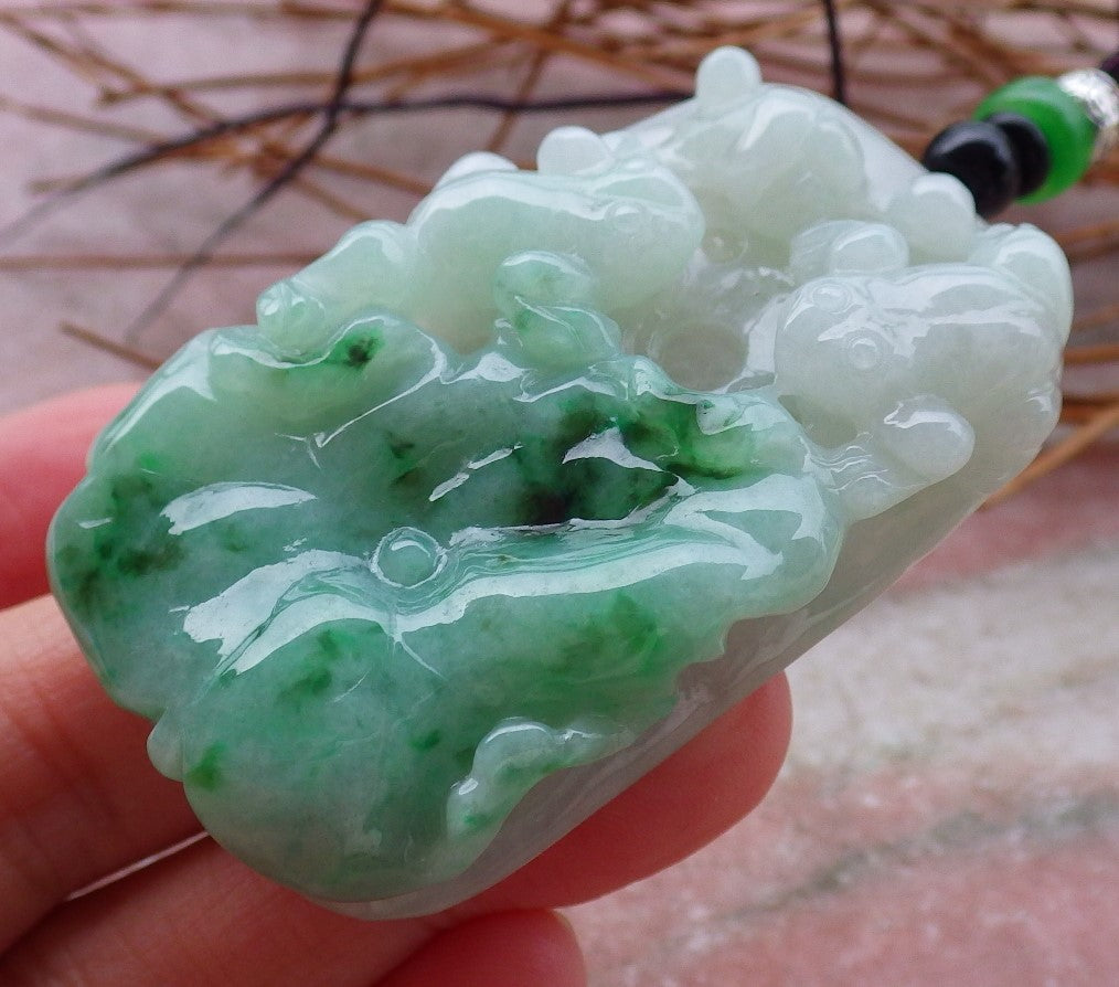 Certified Hand Carved Natural Green Myanmar Burma A Jade jadeite Frog Toad Lotus Leaf Pendant Necklace