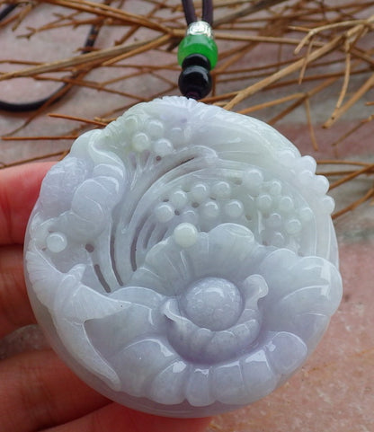 Certified Hand Carved Lavender Natural Myanmar Burma Grade A Jade jadeite Phoenix Bird Flower Pendant Necklace