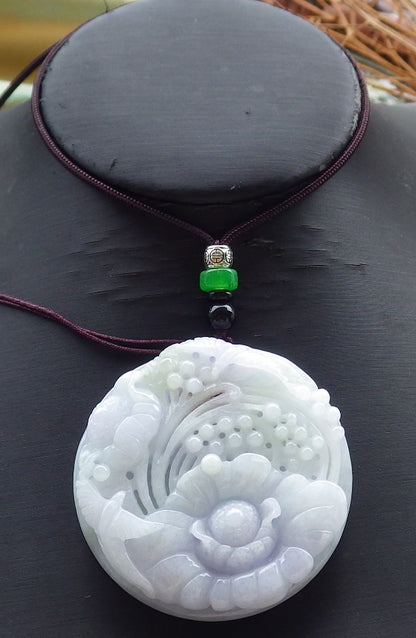 Certified Hand Carved Lavender Natural Myanmar Burma Grade A Jade jadeite Phoenix Bird Flower Pendant Necklace