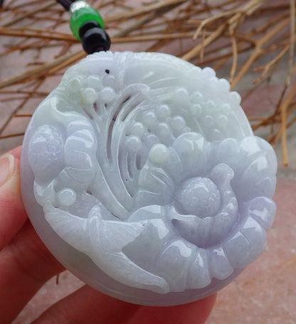 Certified Hand Carved Lavender Natural Myanmar Burma Grade A Jade jadeite Phoenix Bird Flower Pendant Necklace