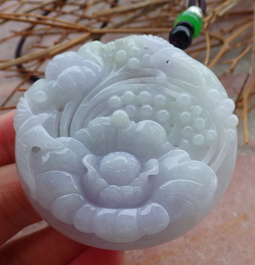 Certified Hand Carved Lavender Natural Myanmar Burma Grade A Jade jadeite Phoenix Bird Flower Pendant Necklace