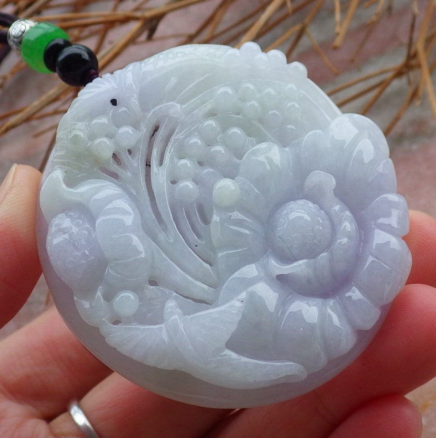 Certified Hand Carved Lavender Natural Myanmar Burma Grade A Jade jadeite Phoenix Bird Flower Pendant Necklace