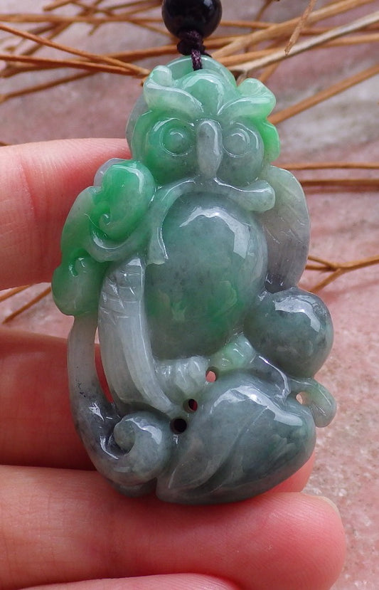 Certified Hand Carved Green Natural Myanmar Burma A Jade jadeite Owl Lotus Flower Ruyi Pendant Necklace