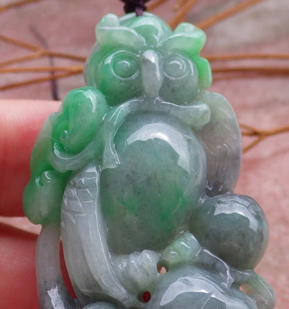 Certified Hand Carved Green Natural Myanmar Burma A Jade jadeite Owl Lotus Flower Ruyi Pendant Necklace