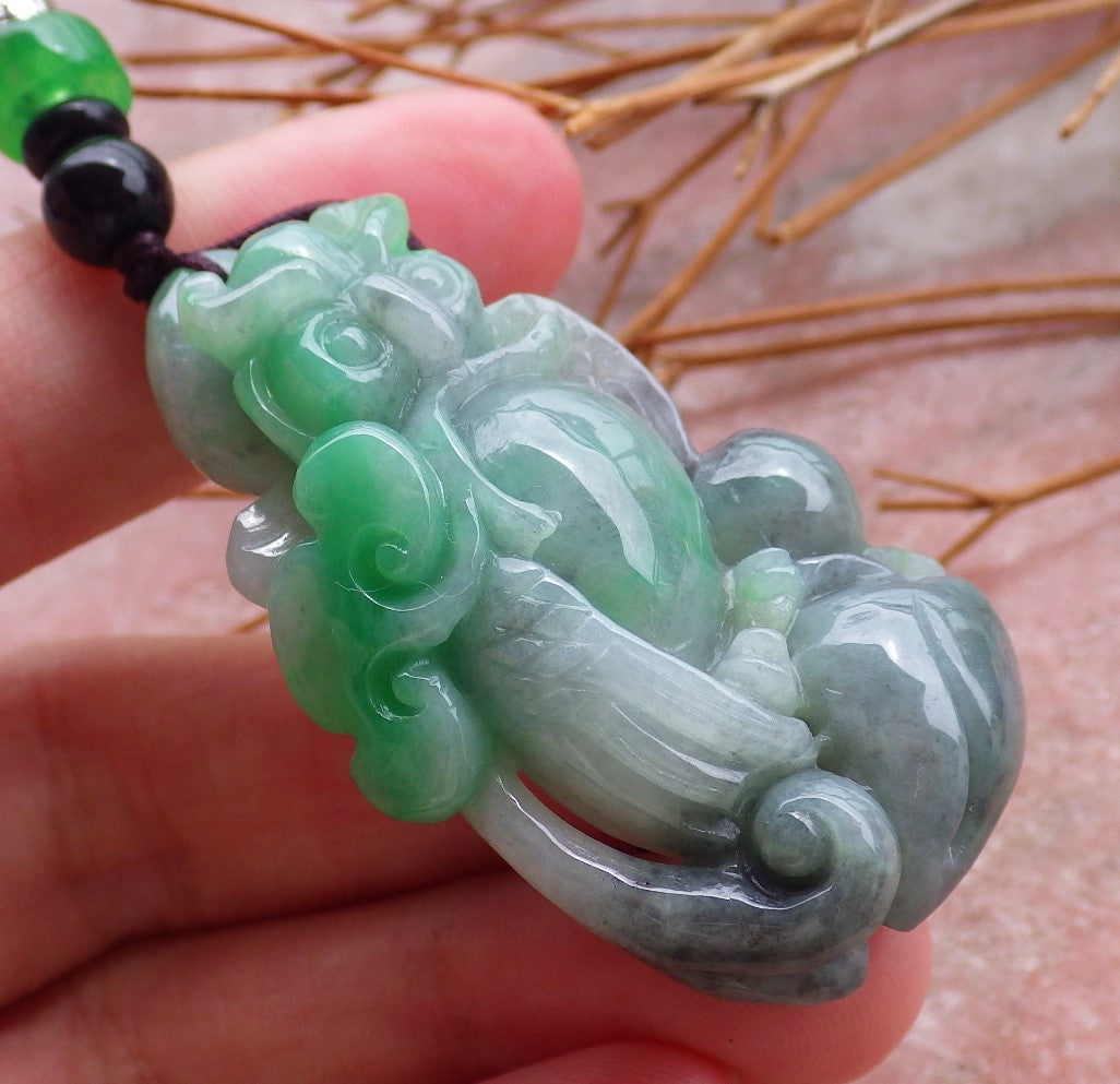 Certified Hand Carved Green Natural Myanmar Burma A Jade jadeite Owl Lotus Flower Ruyi Pendant Necklace