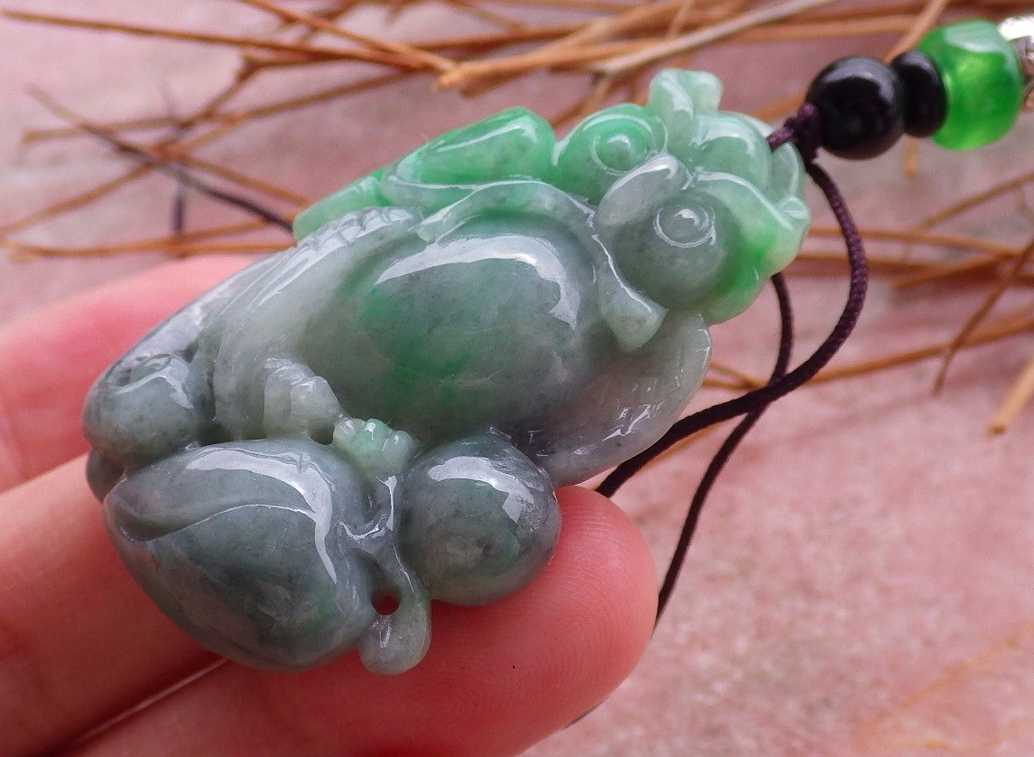 Certified Hand Carved Green Natural Myanmar Burma A Jade jadeite Owl Lotus Flower Ruyi Pendant Necklace