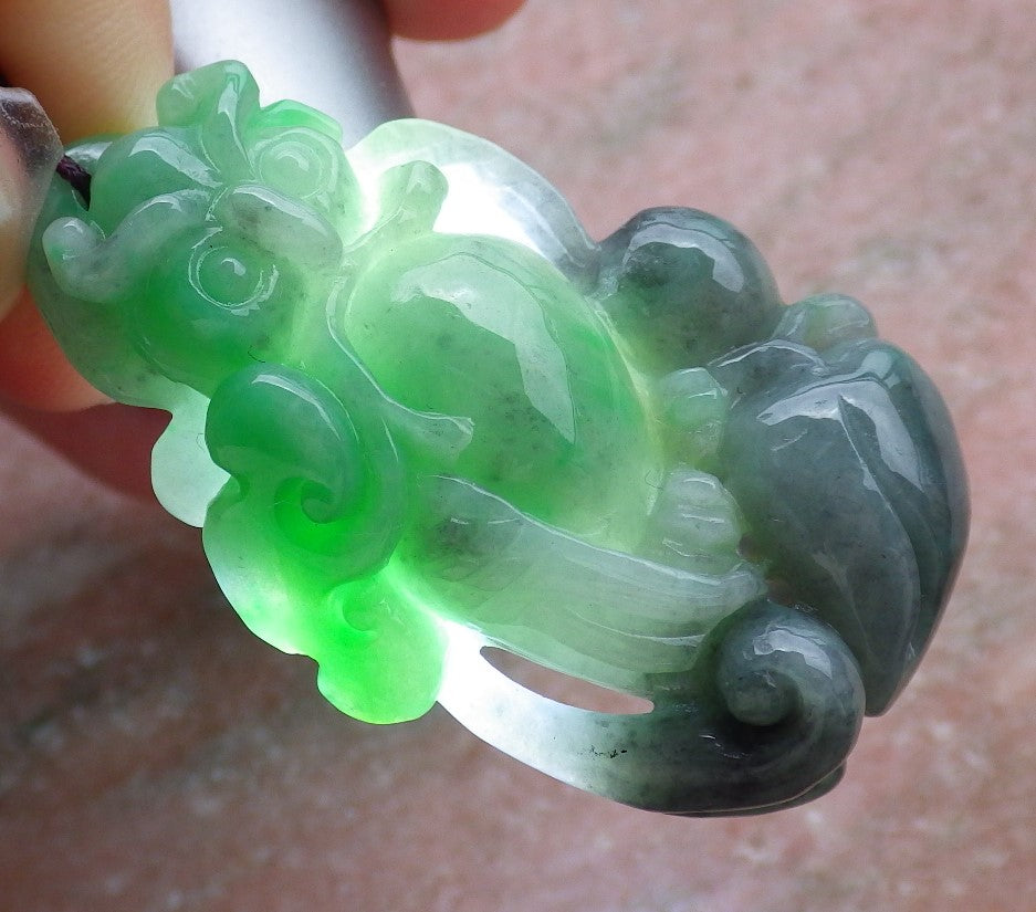 Certified Hand Carved Green Natural Myanmar Burma A Jade jadeite Owl Lotus Flower Ruyi Pendant Necklace