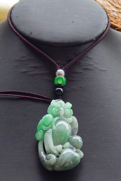 Certified Hand Carved Green Natural Myanmar Burma A Jade jadeite Owl Lotus Flower Ruyi Pendant Necklace