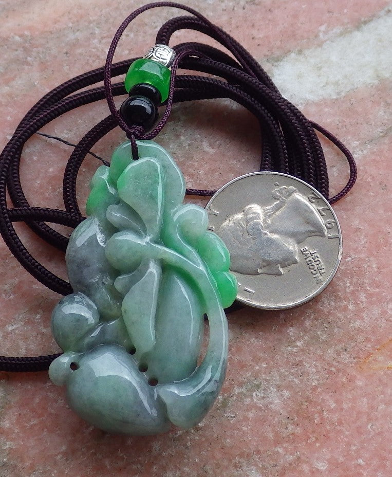 Certified Hand Carved Green Natural Myanmar Burma A Jade jadeite Owl Lotus Flower Ruyi Pendant Necklace