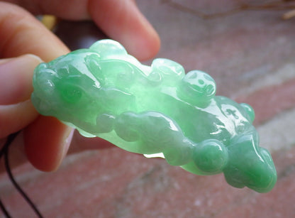 Certified Hand Carved Natural Icy Green Myanmar Burma A Jade jadeite Dragon Pi Xiu Pendant Necklace