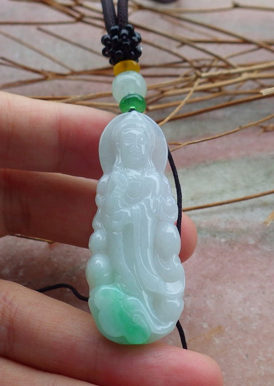 Certified Natural Hand Carved Myanmar Burma Green A Jade jadeite Guanyin Kwan Yin God Pendant Necklace