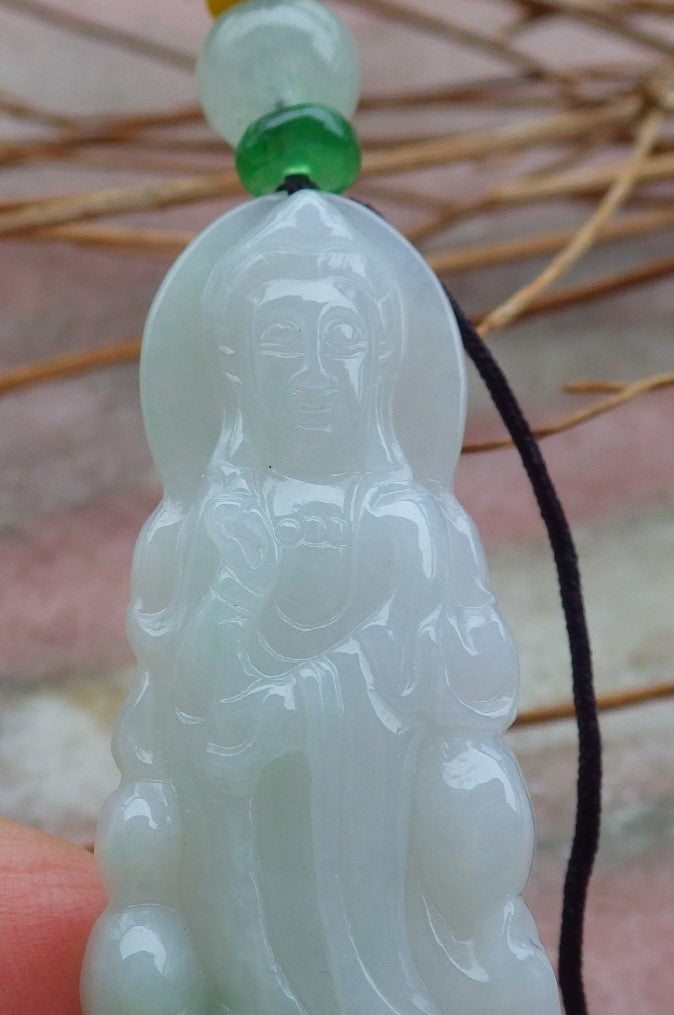 Certified Natural Hand Carved Myanmar Burma Green A Jade jadeite Guanyin Kwan Yin God Pendant Necklace