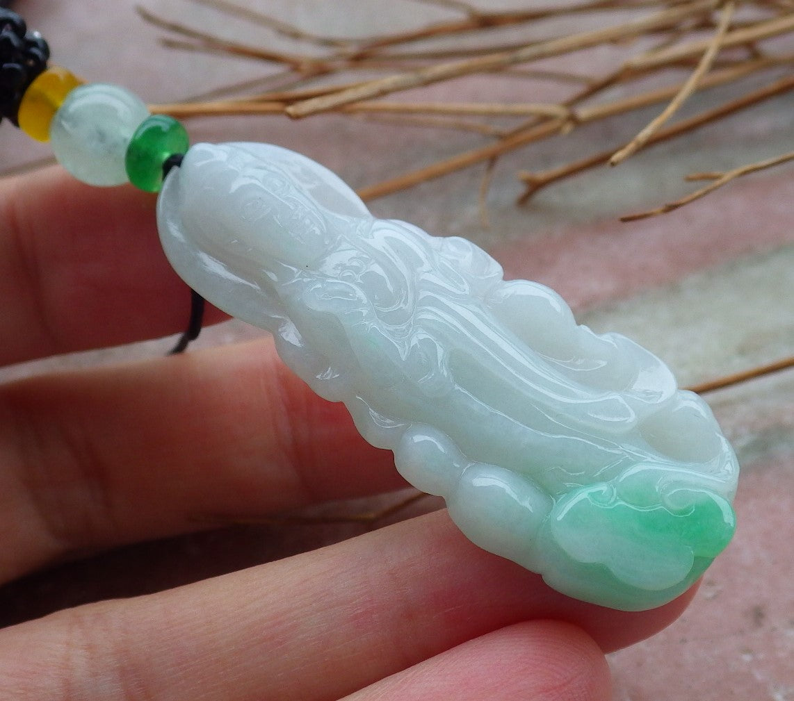 Certified Natural Hand Carved Myanmar Burma Green A Jade jadeite Guanyin Kwan Yin God Pendant Necklace